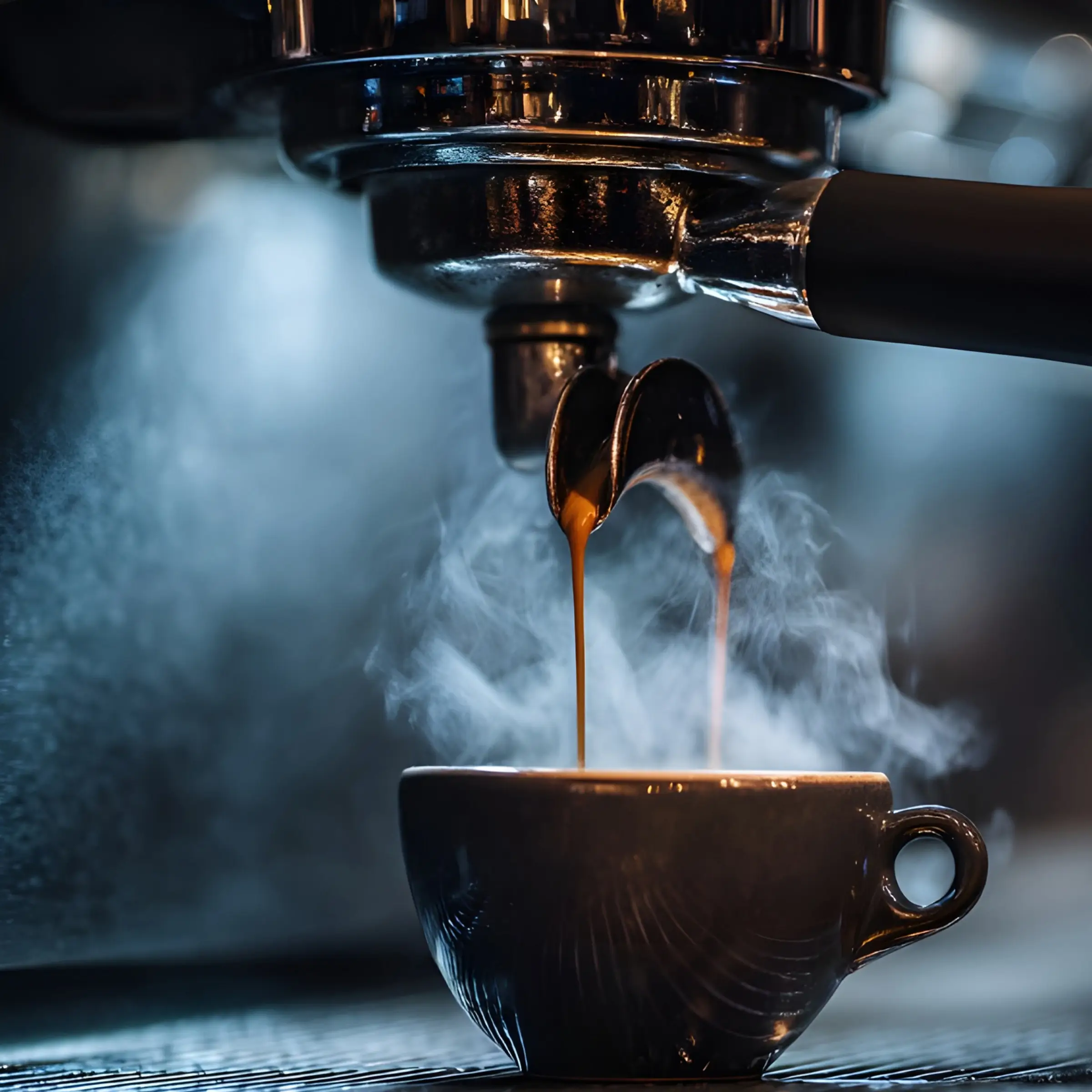 Espresso právě vytéká z kávovaru do šálku